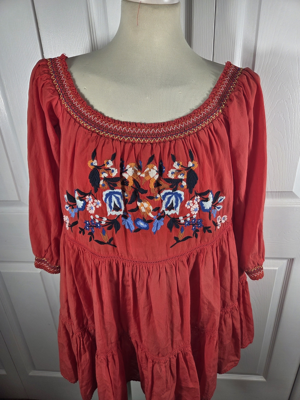 Free People Large Coral Embroidered Peasant Mini Dress Boho Tunic